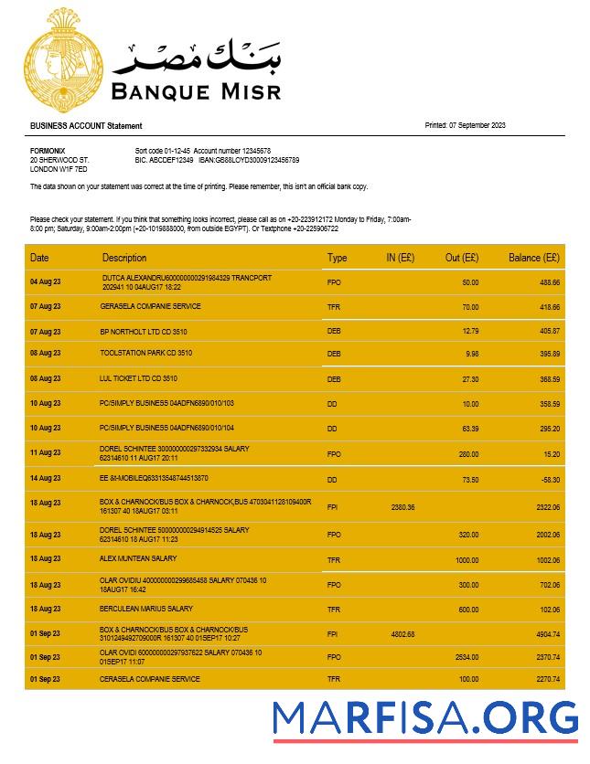 Realistic Banque Misr organization checking account statement Word and PDF template